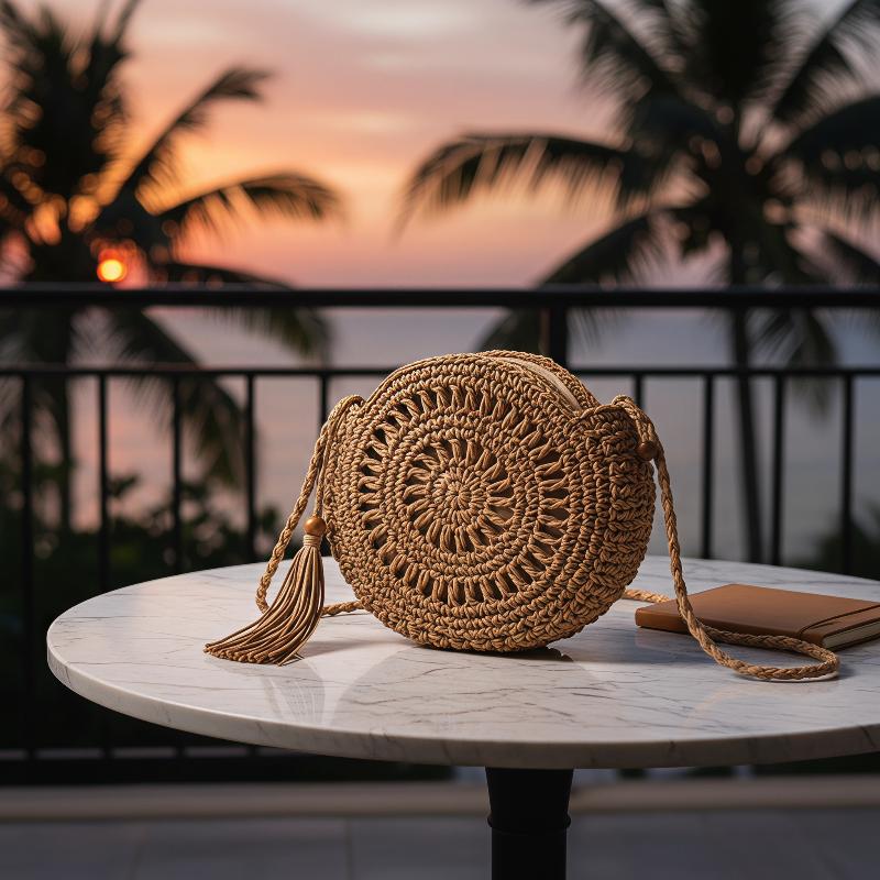 Circle Round Bag - Sac en paille tressé rond, sac